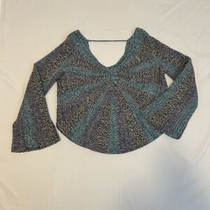 Free People Sunburst Pinwheel Knit Sweater Purple Blue Gray V Neck - Large